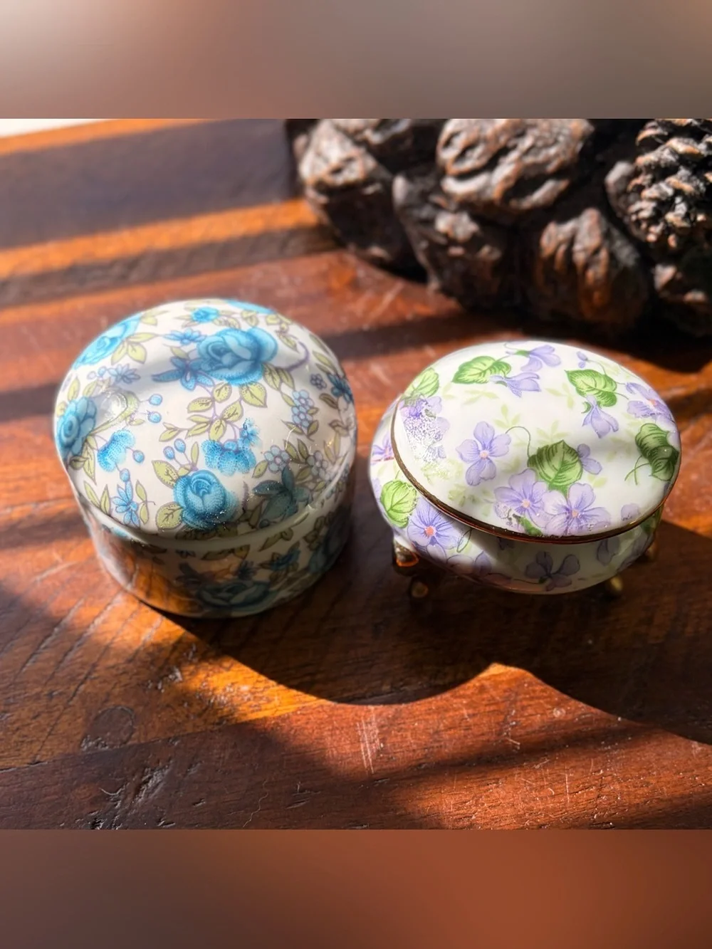 Charming Floral Porcelain Trinket Box Set of 2 Keepsake Vintage Accents